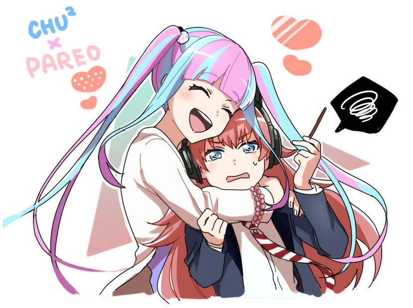 2girls, :d, ^_^, bang_dream!, bangs, blazer, blue_eyes, blue_hair, blunt_bangs, cat_ear_headphones, character_name, chu2_(bang_dream!), closed_eyes, closed_eyes, food, gana_(mknumi), headphones, heart, holding_pocky, hug, hug_from_behind, jacket, long_hair, long_sleeves, multicolored_hair, multiple_girls, open_mouth, pareo_(bang_dream!), pink_hair, pocky, redhead, shirt, sidelocks, sleeve_tug, smile, spoken_squiggle, squiggle, streaked_hair, striped, striped_neckwear, sweatdrop, twintails, two-tone_hair, upper_body, white_jacket, white_shirt, yuri