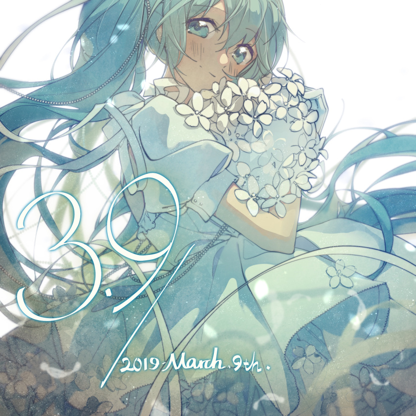 1girl, 39, aqua_eyes, aqua_hair, beads, blush, bouquet, commentary