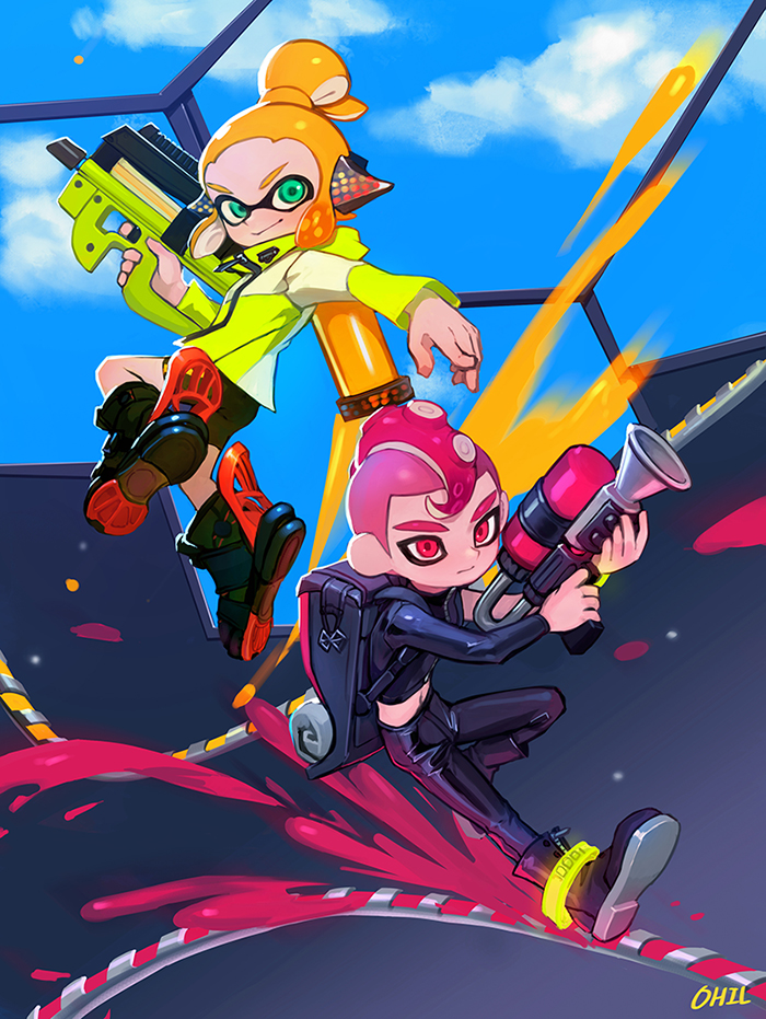 1boy, 1girl, agent_8, aqua_eyes, artist_name, bike_shorts, black_footwear, black_pants