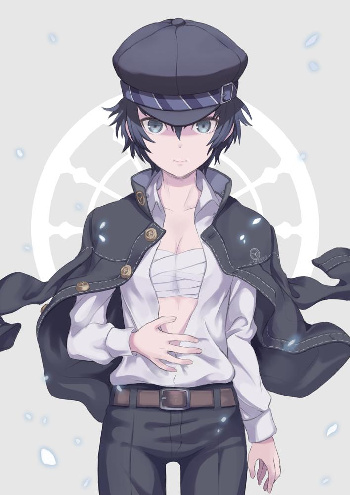 1girl, androgynous, belt, blue_hair, botamochi_(exwelder), buckle, buttons, cabbie_hat, closed_mouth, collarbone, collared_shirt, crossdressinging, hair_between_eyes, hand_on_own_stomach, hat, jacket, long_sleeves, looking_at_viewer, open_clothes, open_jacket, open_shirt, pants, persona, persona_4, reverse_trap, sarashi, school_uniform, shirogane_naoto, shirt, shirt_tucked_in, short_hair, simple_background, solo, standing, white_shirt, yasogami_school_uniform