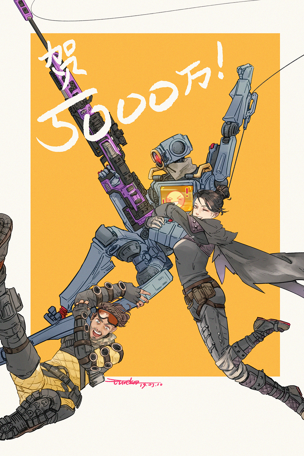 1girl, ;d, apex_legends, asymmetrical_hair, bandolier, bangs, beard, belt