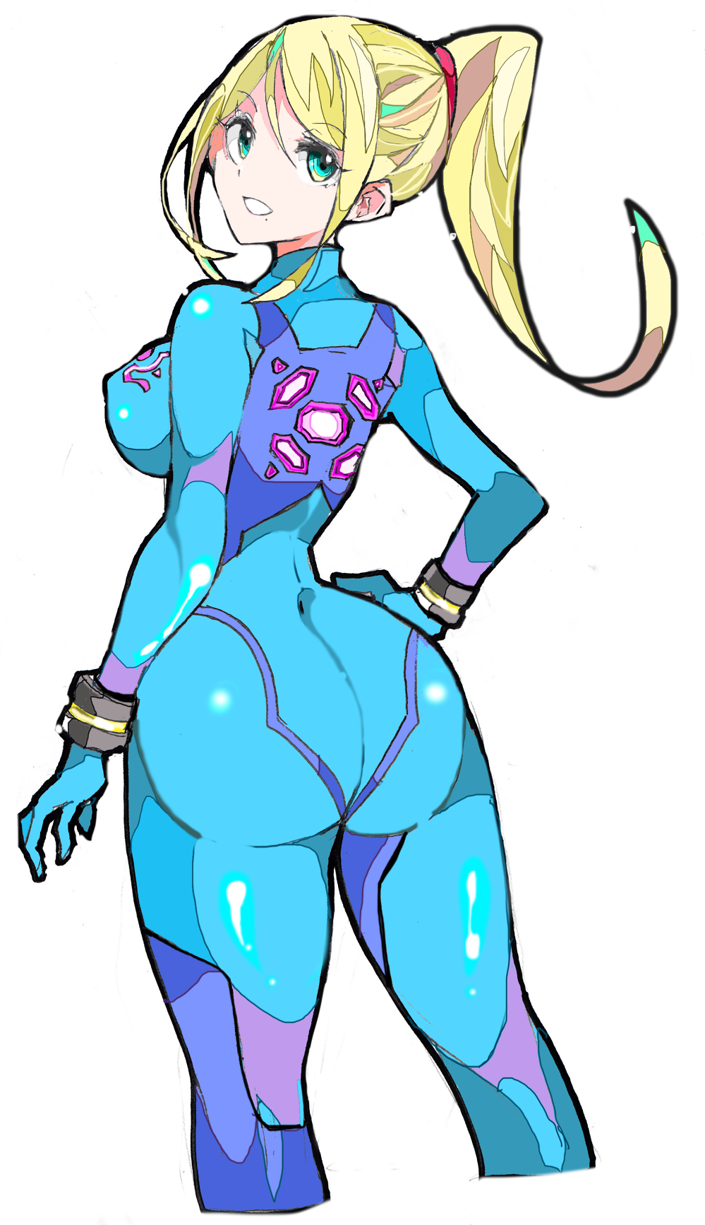 1girl, :d, aqua_eyes, ass, bangs, blue_swimsuit, breasts, closed_eyes