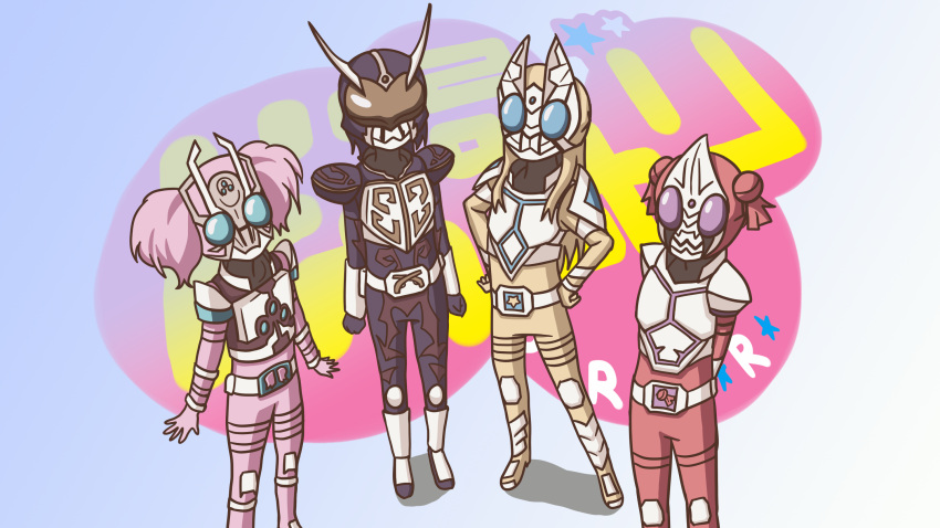 4girls, akaza_akari, arms_behind_back, blonde_hair, commentary_request, cosplay, double_bun, funami_yui, hands_on_hips, highres, kamen_rider, kamen_rider_blade, kamen_rider_blade_(cosplay), kamen_rider_blade_(series), kamen_rider_chalice, kamen_rider_chalice_(cosplay), kamen_rider_garren, kamen_rider_garren_(cosplay), kamen_rider_leangle, kamen_rider_leangle_(cosplay), logo, long_hair, mask, multiple_girls, parody, redhead, tokusatsu, toshinou_kyouko, twintails, yoshikawa_chinatsu, yuru_yuri, zolgheim