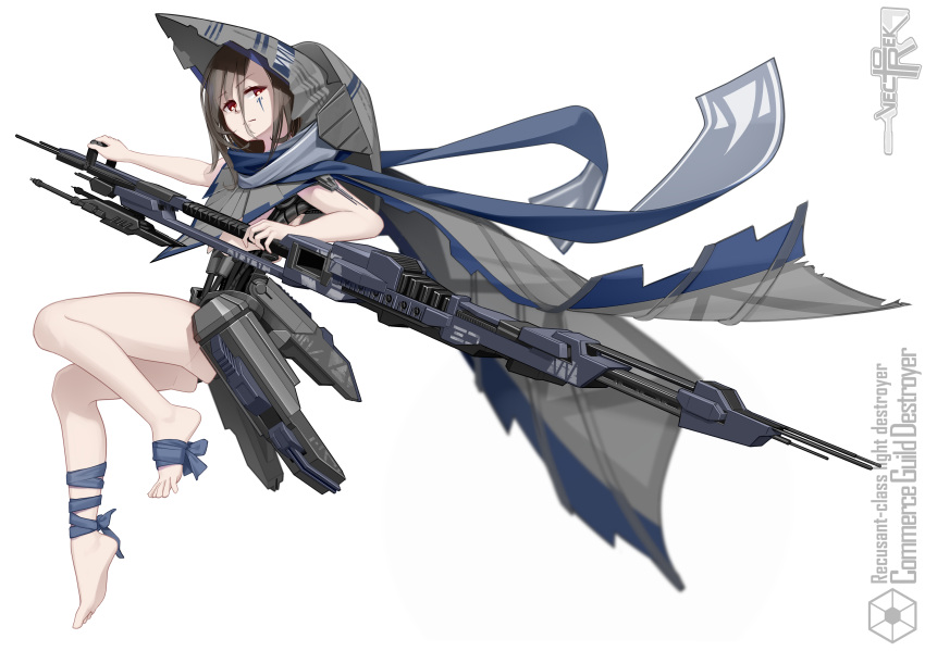 1girl, absurdres, artist_name, bandage, barefoot, brown_hair, cape, character_name, commerce_guild_destroyer, facial_mark, full_body, grey_background, gun, hat, helmet, highres, mecha_musume, personification, red_eyes, rifle, star_wars, transparent_background, vectorek, weapon