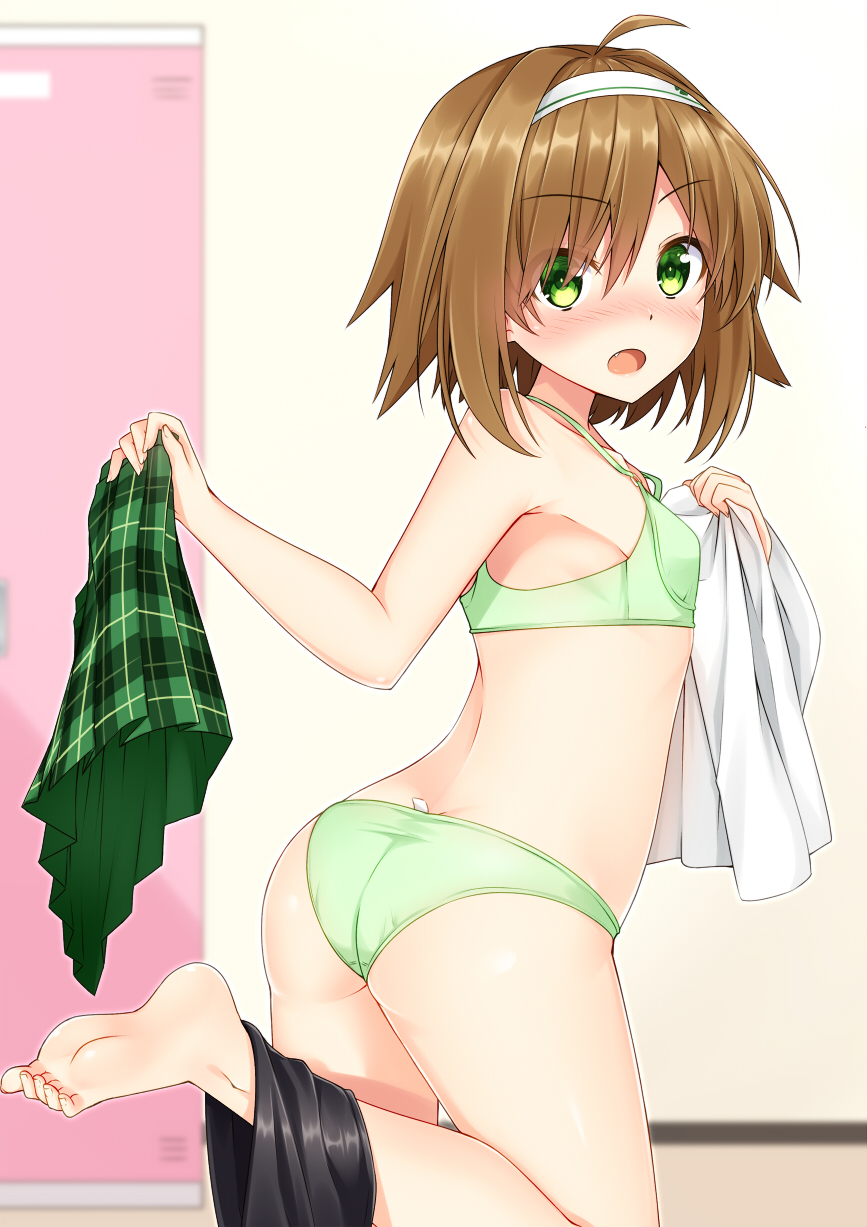 1girl, :o, ahoge, ass, bangs, bare_arms, bare_shoulders, barefoot