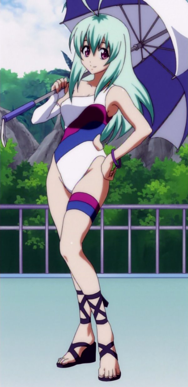 cap, fingerless_glove, garters, gloves, green_hair, high_heels, highres, leotard, long_hair, one-piece_swimsuit, pink_eyes, race_queen, racequeen, run_elsie_jewelria, sandals, screencap, stitched, swimsuit, takami_akio, to_love-ru, toloveru, umbrella