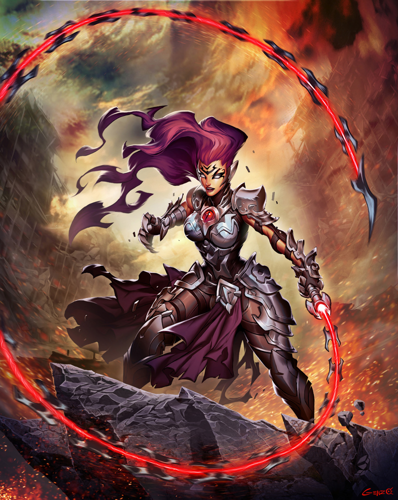 1girl, armor, armored_boots, armored_dress, boots, breastplate, chains, commentary, darksiders, darksiders_iii, english_commentary, fury_(darksiders), gauntlets, genzoman, holding, holding_weapon, holding_whip, long_hair, no_pupils, official_art, purple_hair, tagme, weapon, whip, white_eyes
