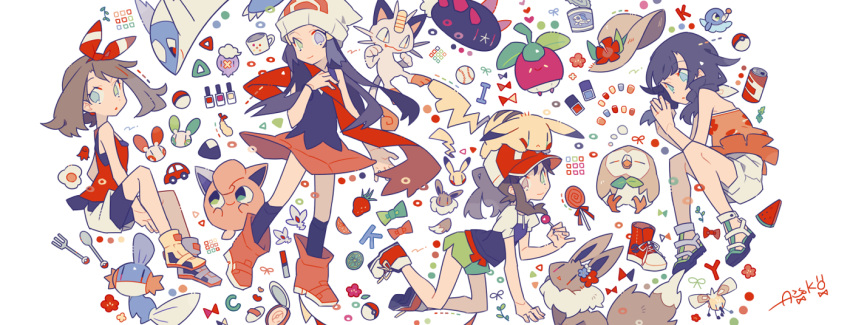 4girls, :o, alternate_color, alternate_eye_color, auko, ayumi_(pokemon), bare_shoulders, baseball