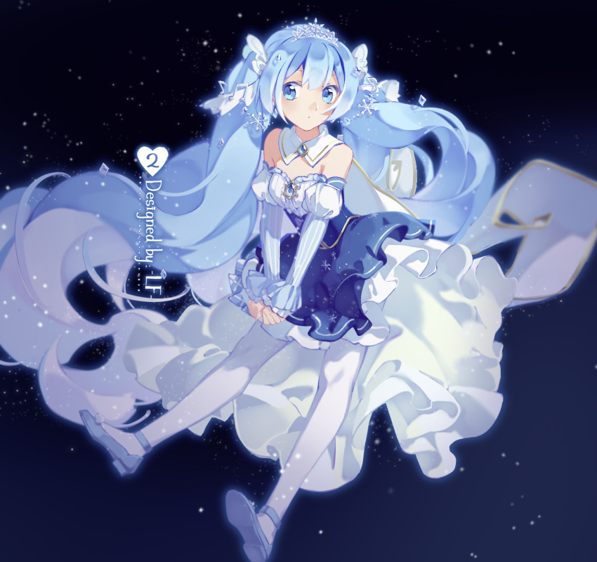 1girl, amulet, bare_shoulders, blue_dress, blue_eyes, blue_hair, cape, commentary, detached_collar, dress, frilled_dress, frills, full_body, hair_ornament, hatsune_miku, head_tilt, highres, juliet_sleeves, leaning_forward, long_hair, long_sleeves, mikka620, puffy_sleeves, snowflake_hair_ornament, snowflakes, snowing, solo, striped_sleeves, tiara, twintails, v_arms, very_long_hair, vocaloid, yuki_miku