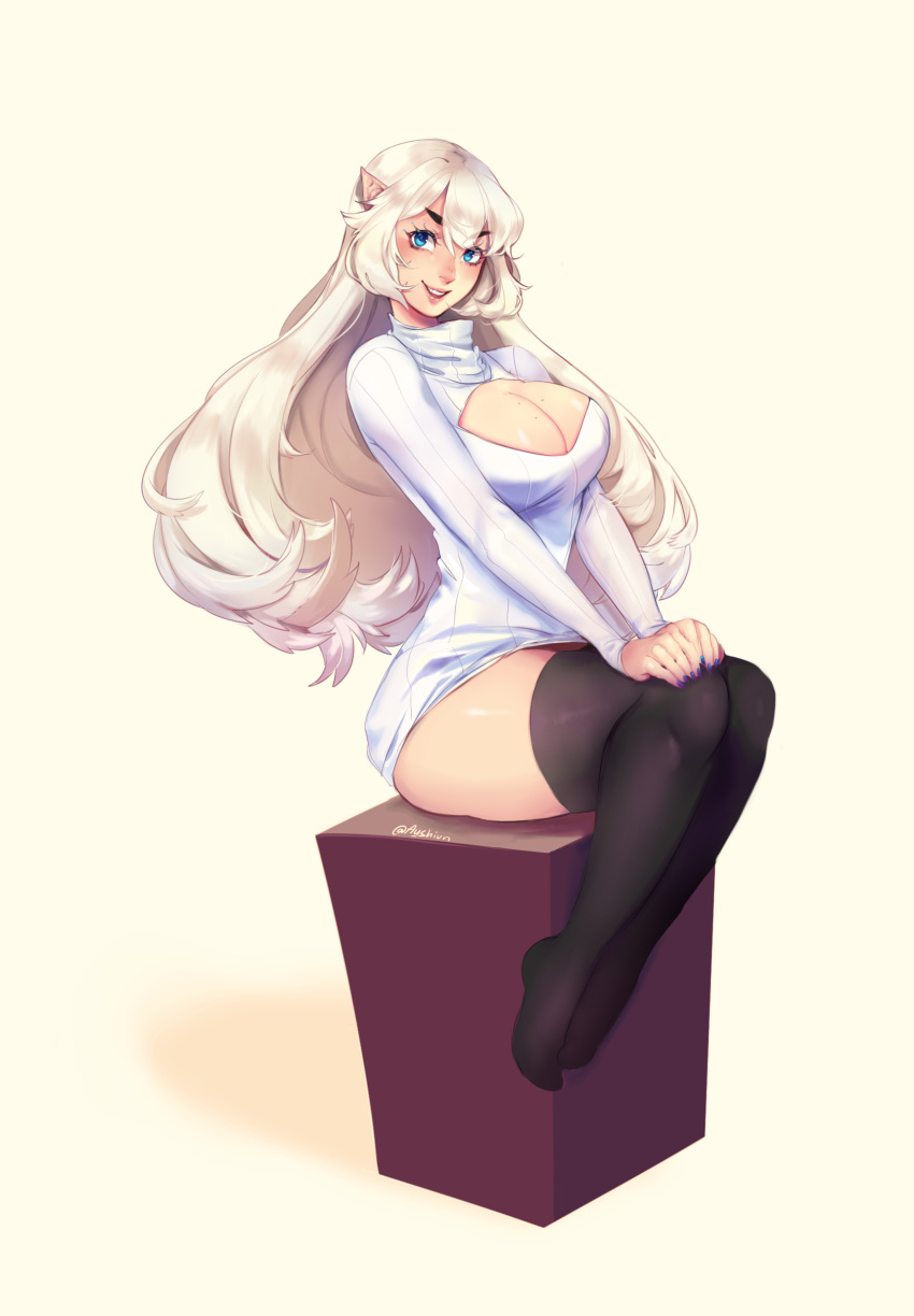 1girl, absurdres, ayshiun, black_legwear, blue_eyes, blue_nails, breasts, cleavage, cleavage_cutout, commentary, curvy, dress, elf, english_commentary, flipped_hair, full_body, hair_between_eyes, highres, large_breasts, legs_together, lips, long_hair, long_sleeves, looking_at_viewer, meme_attire, mole, mole_on_breast, nail_polish, no_shoes, noko_(ayshiun), open-chest_sweater, original, parted_lips, pointy_ears, ribbed_sweater, silver_hair, simple_background, sitting, smile, solo, sweater, sweater_dress, thick_eyebrows, thick_thighs, thigh-highs, thighs, turtleneck, turtleneck_sweater
