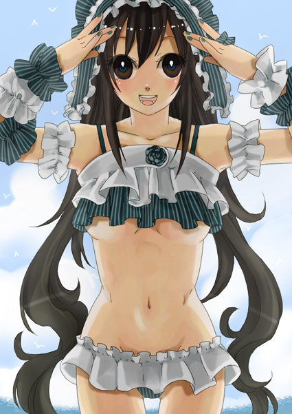 bikini, black_hair, breasts, frilled_bikini, frills, gy, long_hair, lowleg