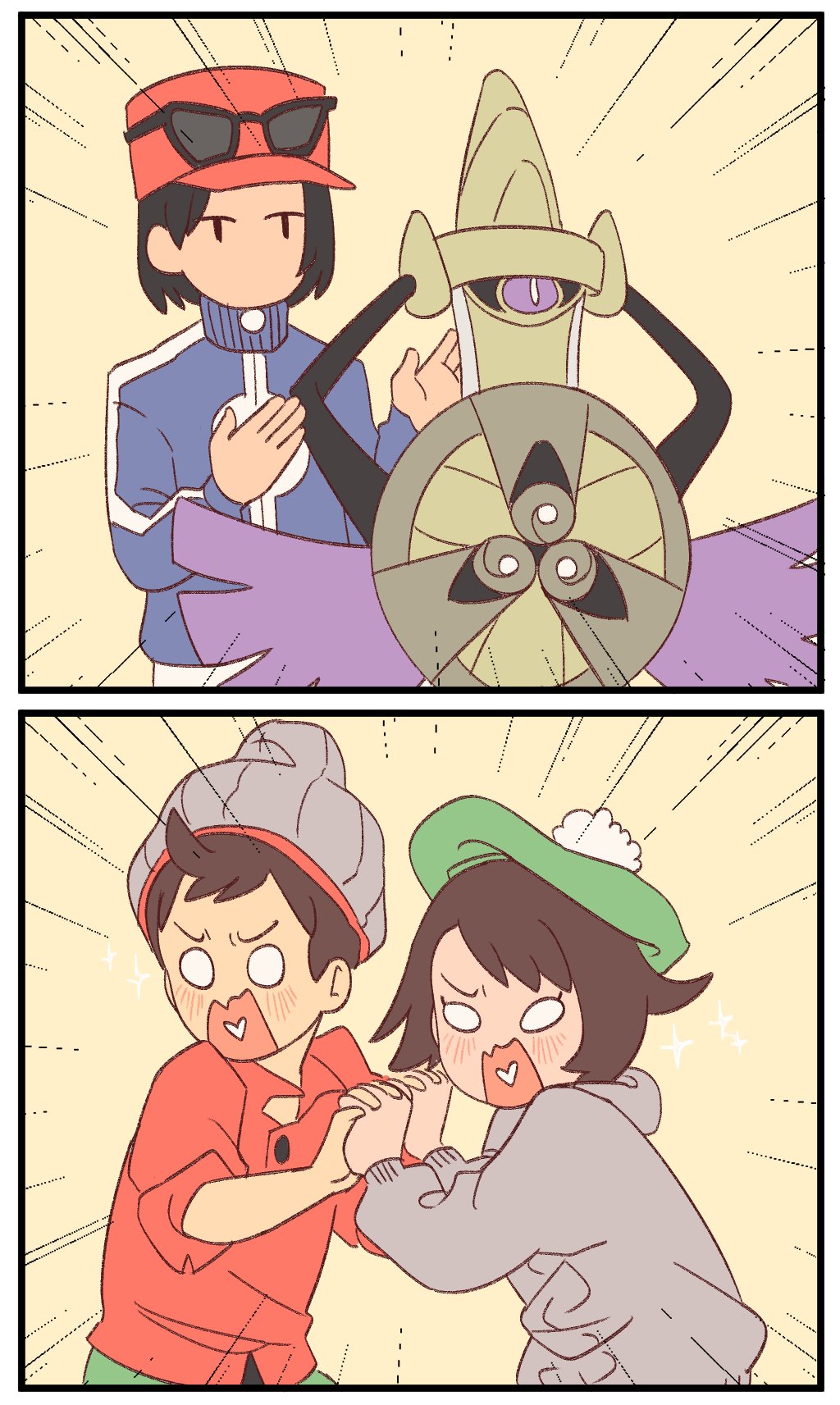 1girl, 2boys, :d, aegislash, bangs, beanie, black_hair, brown_hair