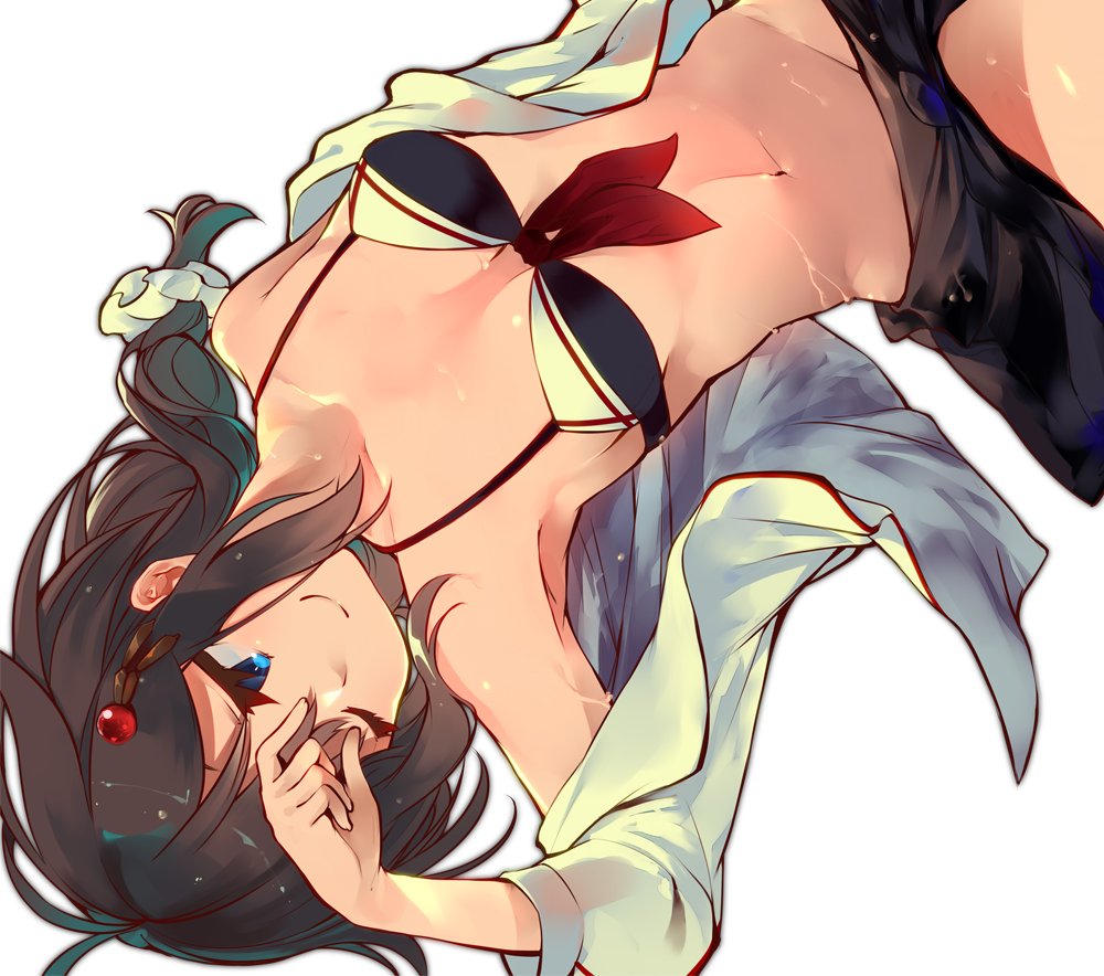 1girl, bikini, blue_eyes, braid, brown_hair, chig, hair_flaps, hair_ornament, jacket, kantai_collection, sarong, shigure_(kantai_collection), single_braid, solo, swimsuit