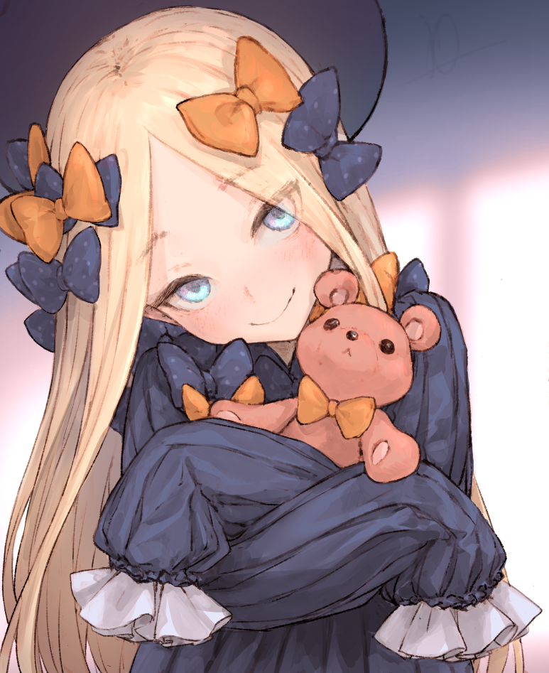 1girl, abigail_williams_(fate/grand_order), bangs, black_bow, black_dress, black_hat, blonde_hair, blue_eyes