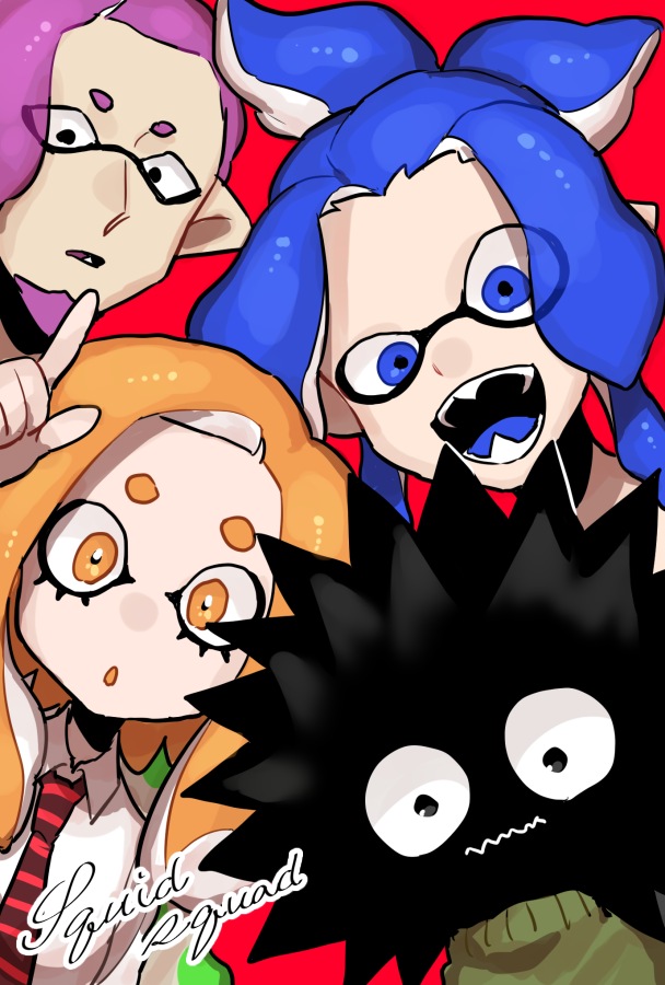 1girl, 3boys, black_eyes, blue_eyes, blue_hair, eyes_visible_through_hair, fangs, group_name
