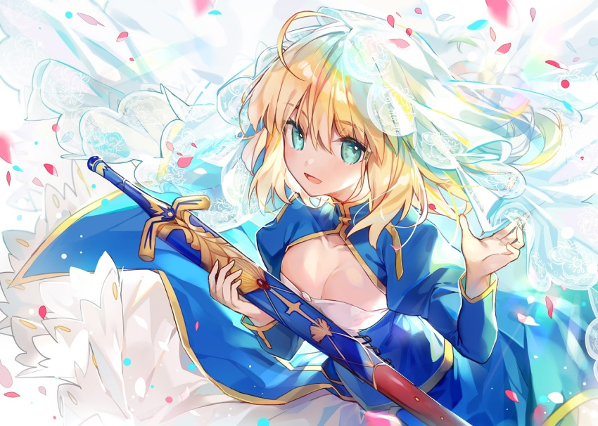 1girl, :d, ahoge, artoria_pendragon_(all), blonde_hair, blue_eyes, breasts, cleavage