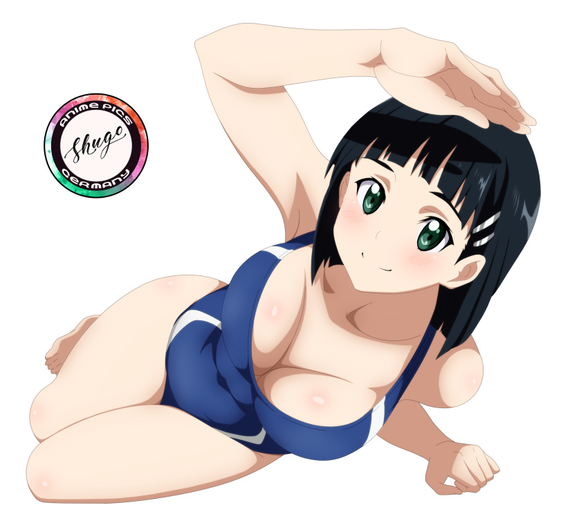 1girl, absurdres, armpits, artist_name, benjoerres, black_hair, blue_swimsuit, blush