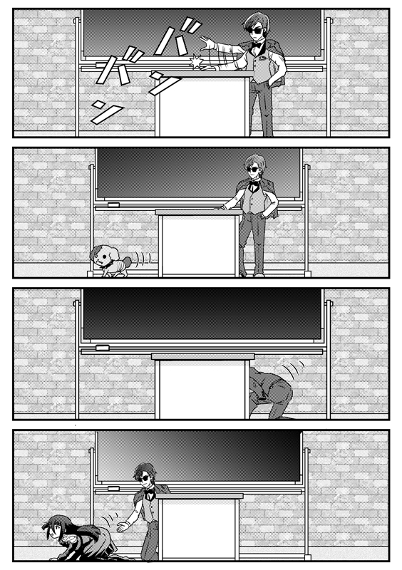1boy, 1girl, 4koma, all_fours, aozora_pou, comic, crawling, dog, greyscale, jacket_on_shoulders, monochrome, romero_(zombie_land_saga), silent_comic, sunglasses, tatsumi_koutarou, yamada_tae, zombie, zombie_land_saga