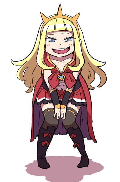 1girl, bent_over, blonde_hair, blue_eyes, boots, cagliostro_(granblue_fantasy), circlet, granblue_fantasy, knee_boots, long_hair, looking_at_viewer, shadow, solo, thigh-highs, white_background, yoshino_norihito