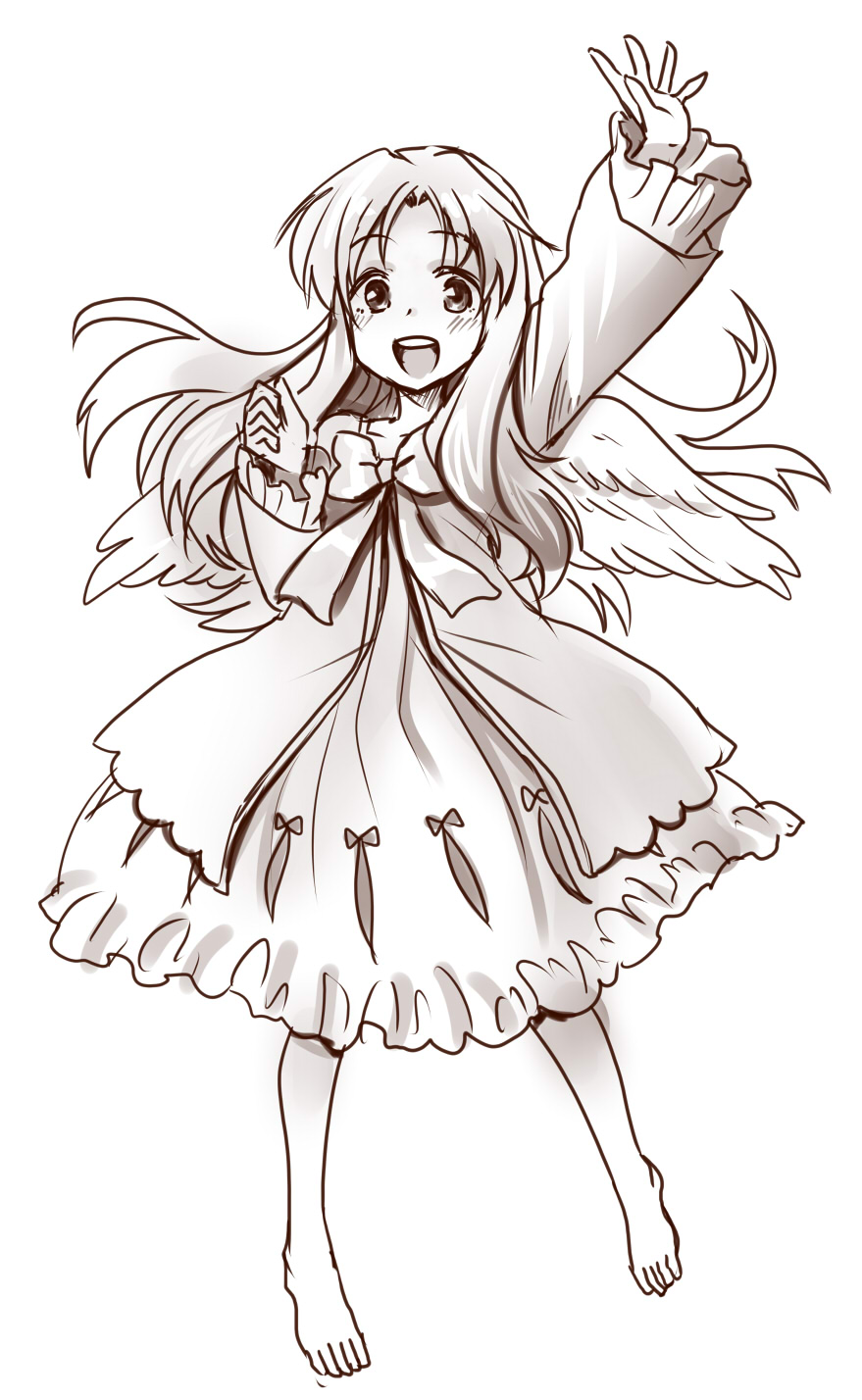 1girl, :d, arm_up, bangs, barefoot, collarbone, eyebrows_visible_through_hair, feathered_wings