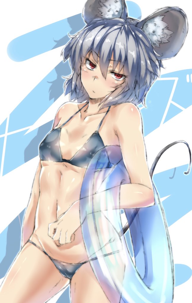 1girl, animal_ear_fluff, animal_ears, bikini, black_bikini, breasts, commentary, covered_nipples