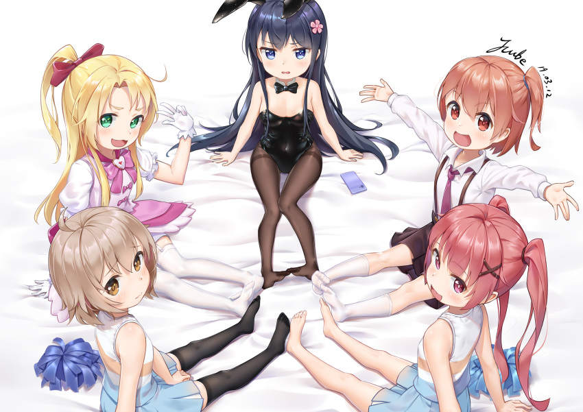 5girls, :3, :d, absurdres, ahoge, animal_ears, arm_support, artist_name, ass_visible_through_thighs, bangs, bare_shoulders, barefoot, black_hair, black_legwear, black_leotard, black_neckwear, blonde_hair, blue_eyes, blue_skirt, blush, bow, bowtie, breasts, brown_eyes, brown_hair, bunnysuit, cheerleader, cleavage, closed_mouth, collarbone, collared_shirt, covered_navel, dated, detached_collar, eyebrows_visible_through_hair, fake_animal_ears, fang, feet, flower, frilled_sleeves, frills, full_body, garter_straps, gloves, green_eyes, hair_between_eyes, hair_bow, hair_flower, hair_ornament, hand_up, heart, highres, himesaka_noa, hoshino_hinata, j-cube, konomori_kanon, leotard, long_hair, long_sleeves, looking_at_viewer, looking_back, magical_girl, multiple_girls, necktie, no_shoes, open_mouth, outstretched_arms, pantyhose, pink_bow, pink_flower, pink_skirt, pom_poms, ponytail, purple_neckwear, rabbit_ears, red_bow, red_eyes, redhead, shirosaki_hana, shirt, short_hair, short_sleeves, side_ponytail, signature, simple_background, sitting, skirt, sleeveless, sleeveless_shirt, smile, strapless, strapless_leotard, suspenders, tanemura_koyori, thigh-highs, thighband_pantyhose, toes, twintails, v, very_long_hair, watashi_ni_tenshi_ga_maiorita!, white_background, white_gloves, white_legwear, white_shirt, wrist_cuffs, x_hair_ornament, zettai_ryouiki