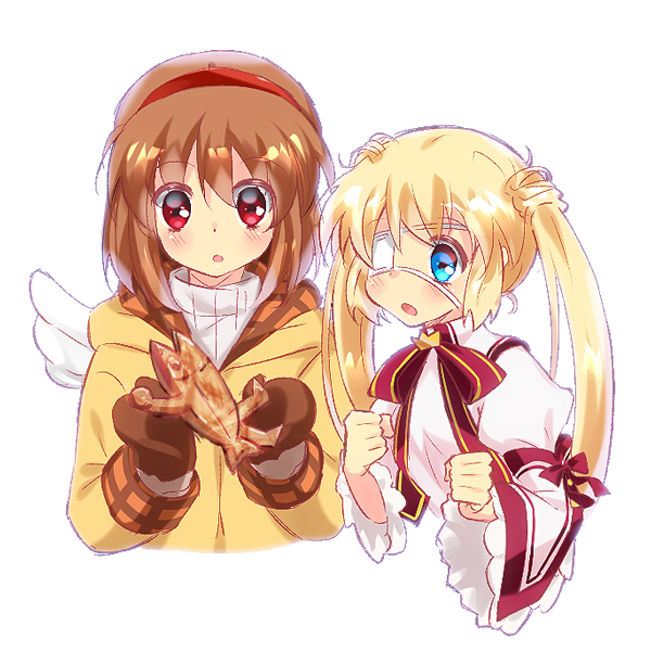 2girls, backpack, bag, blonde_hair, blue_eyes, brown_hair, chinese_commentary, coat