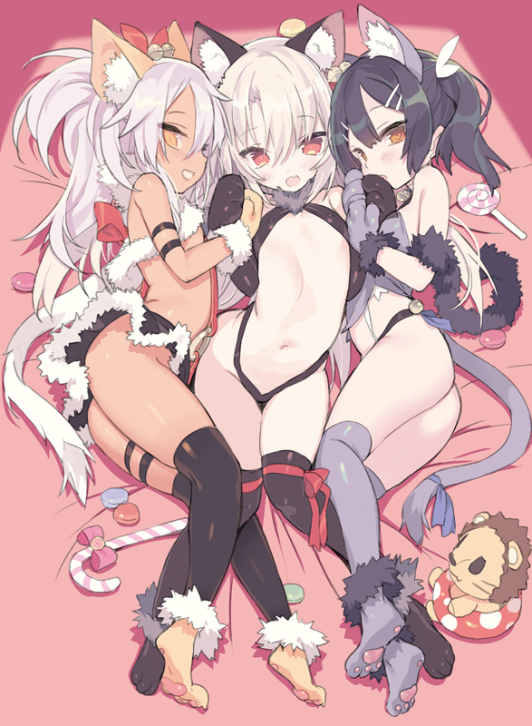 3girls, :d, animal_ear_fluff, animal_ears, ass, bangs, bare_shoulders, bell