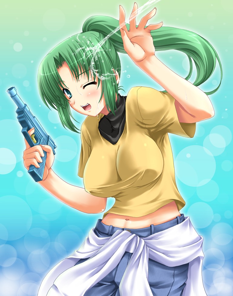 breasts, green_eyes, green_hair, higurashi_no_naku_koro_ni, large_breasts, long_hair, miyai_max, navel