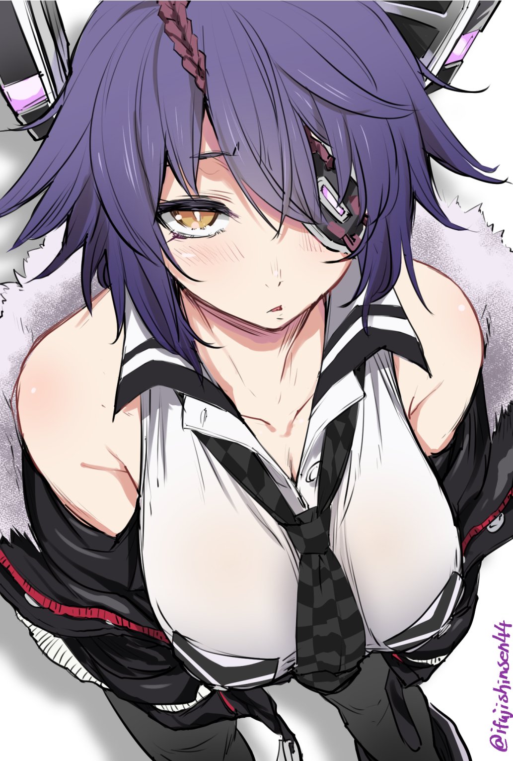 1girl, bare_shoulders, checkered, checkered_neckwear, commentary_request, eyepatch, from_above, hair_between_eyes