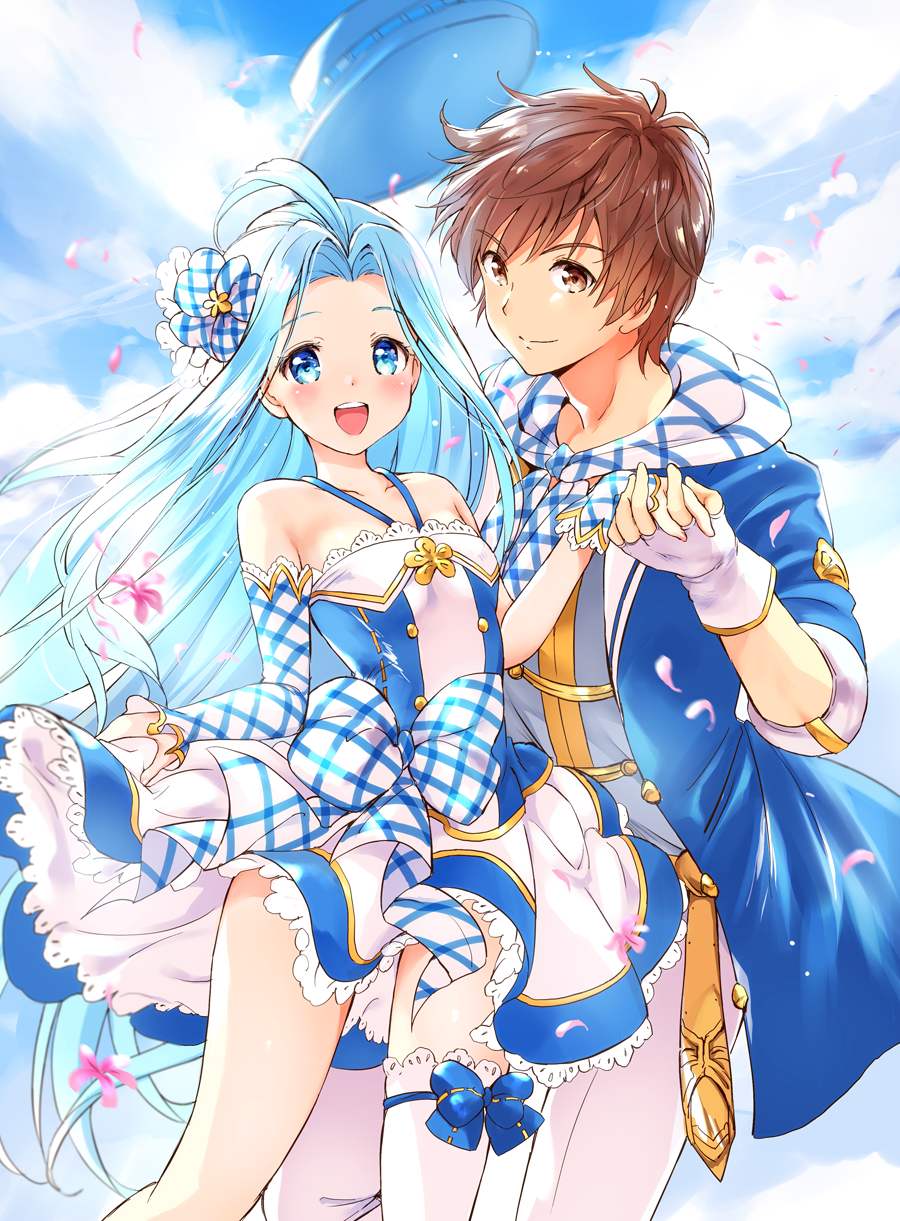 1boy, 1girl, ahoge, blue_hair, blue_sky, breasts, brown_eyes, brown_hair