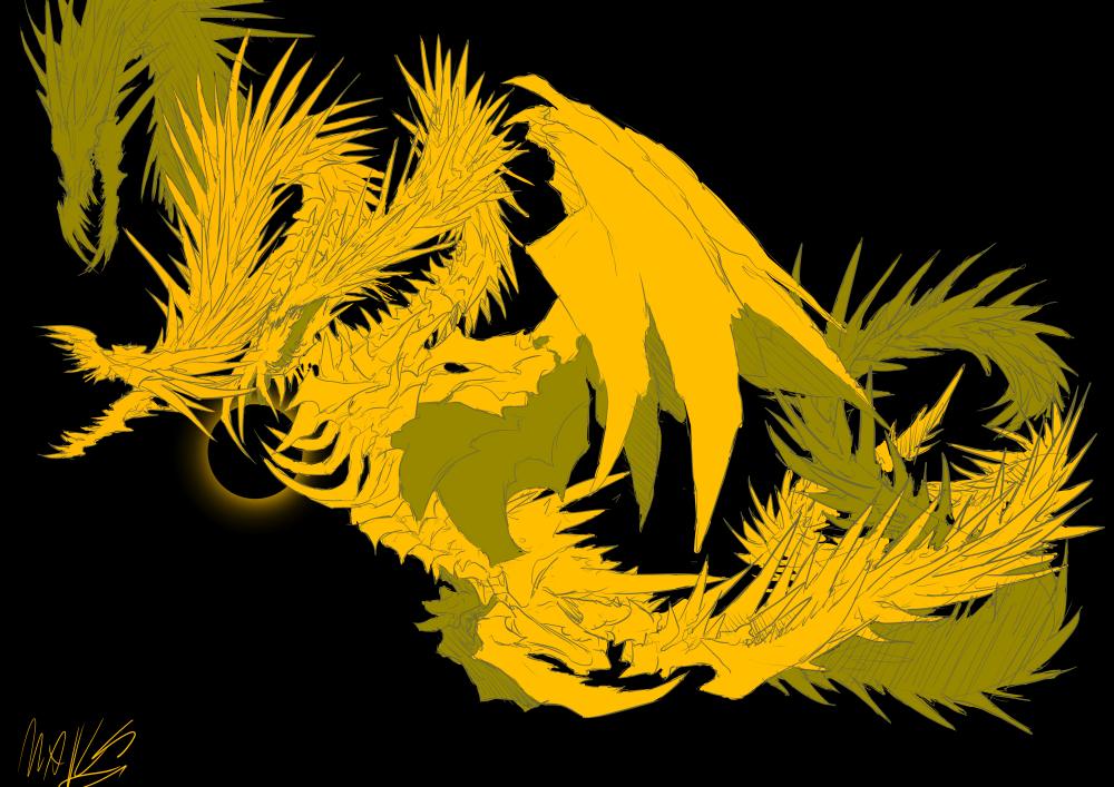 aura, black_background, black_hole_(space), claws, dragon, dragon_horns, eldritch_abomination, ghidorah_(godzilla:_the_planet_eater), giant, giant_monster, glowing, godzilla:_planet_of_the_monsters, godzilla:_the_planet_eater, godzilla_(series), gold, horns, kaijuu, king_ghidorah, monster, multiple_heads, no_eyes, no_humans, open_mouth, plaguebr, scales, sharp_teeth, space, tail, teeth, wings