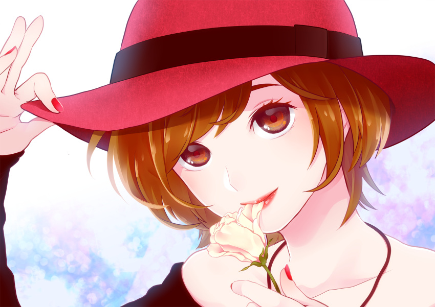 1girl, bangs, bare_shoulders, biting, black_shirt, blue_background, brown_eyes, brown_hair