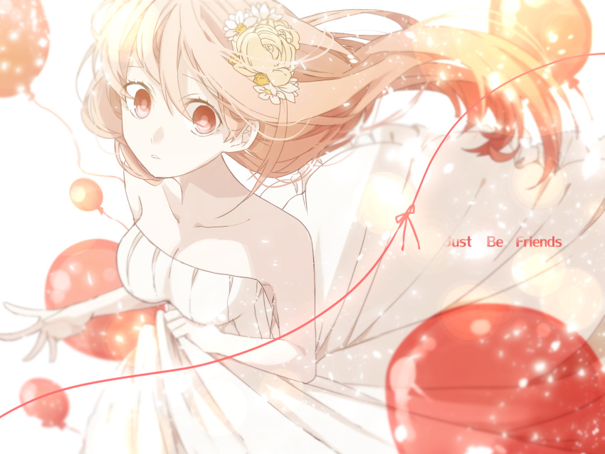 1girl, balloon, bare_arms, bare_shoulders, breasts, commentary, dress, eiku