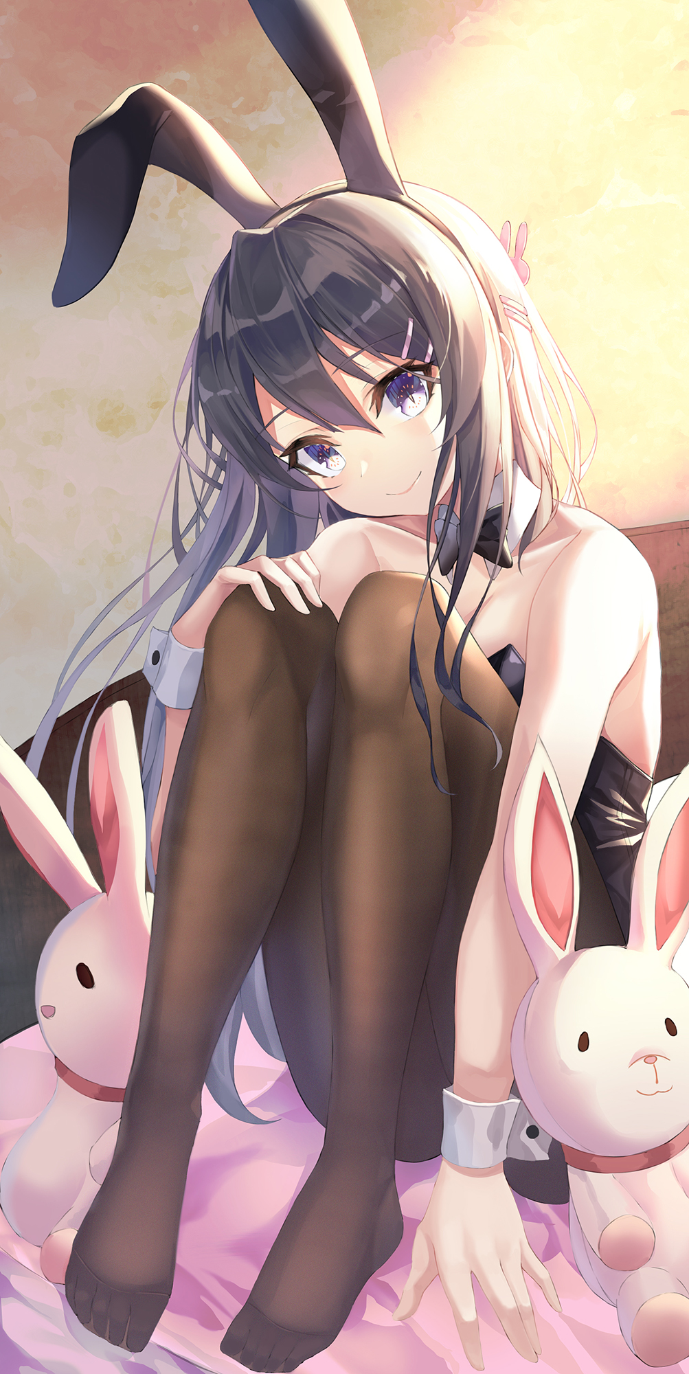 1girl, animal_ears, arm_support, ass, backlighting, bare_arms, bare_shoulders, bed