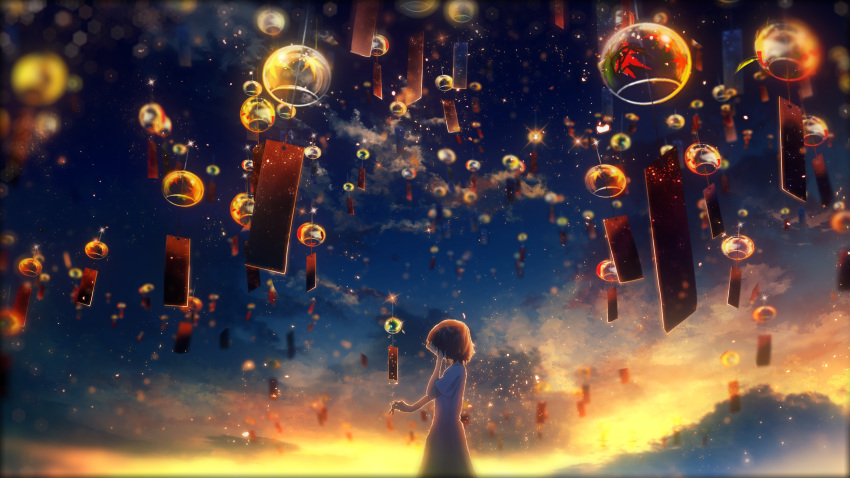 1girl, backlighting, black_hair, clouds, crying, dark, dress, hand_on_own_face