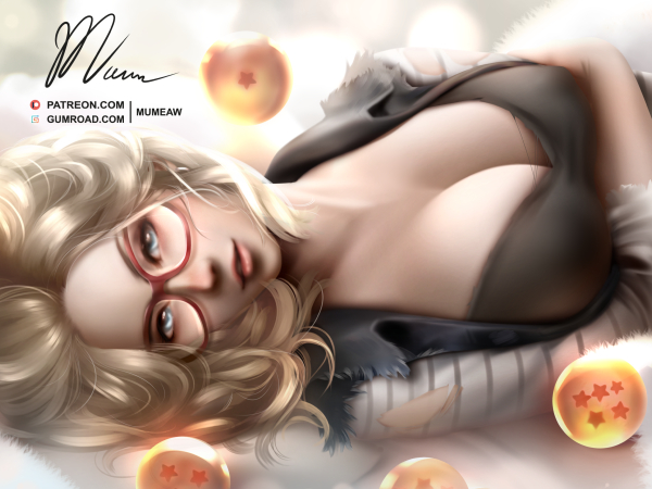 1girl, android_18, blonde_hair, blue_eyes, breasts, dragon_ball, glasses, mumeaw