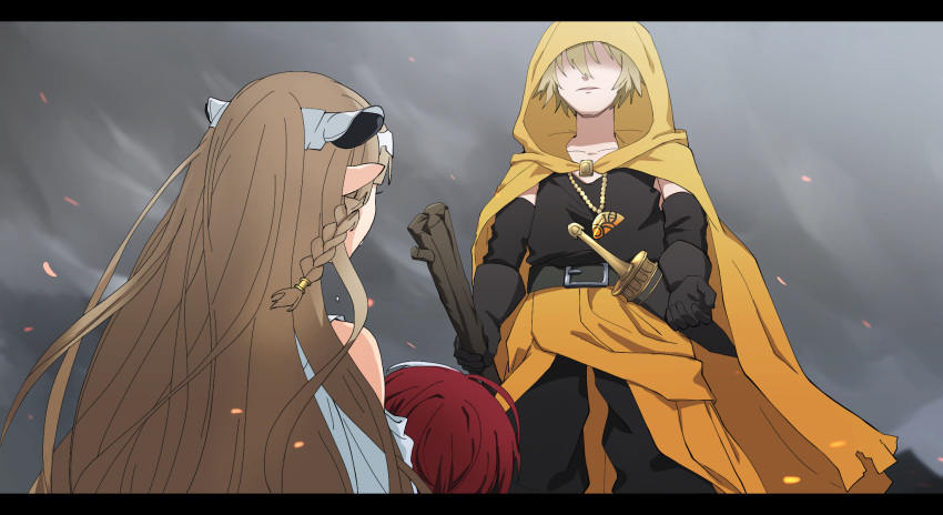1girl, 2boys, alex_the_sage_in_yellow, belt, black_gloves, blonde_hair, braid, brown_hair