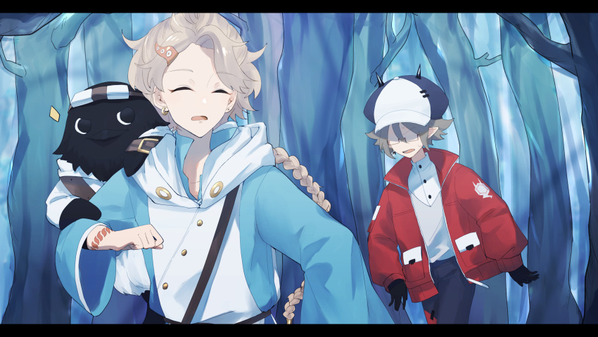 2boys, alef_auros, black_gloves, braid, closed_eyes, earrings, forest, fuguve