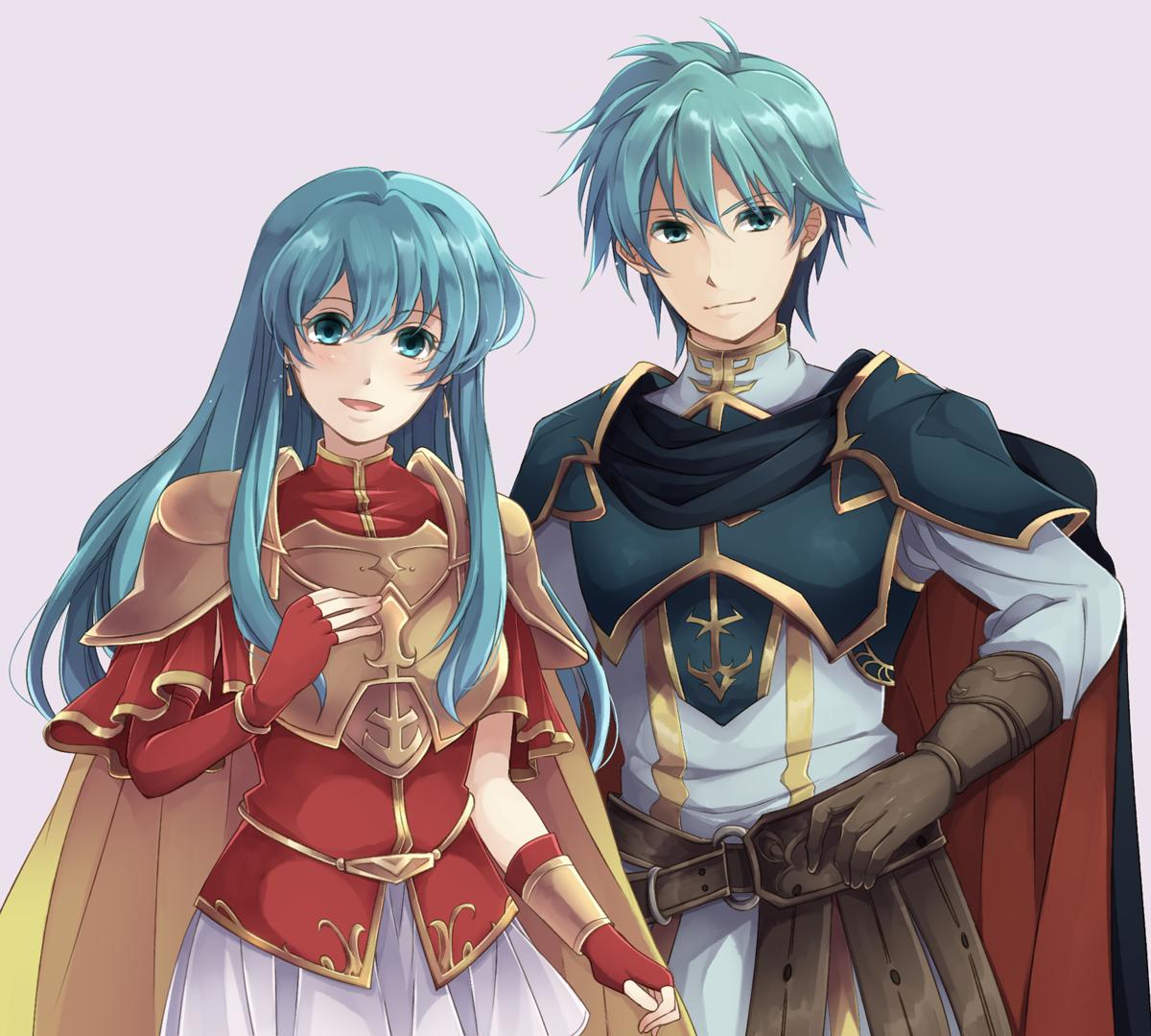 1boy, 1girl, aqua_hair, armor, belt, blue_eyes, breastplate, brother_and_sister, brown_gloves, cape, closed_mouth, earrings, eirika, ephraim, fingerless_gloves, fire_emblem, fire_emblem:_seima_no_kouseki, gloves, jewelry, long_hair, long_sleeves, mememefe, nintendo, open_mouth, red_gloves, short_hair, siblings, simple_background, smile