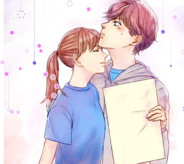 1boy, 1girl, ayase_chihaya, blue_shirt, blush, brown_hair, chihayafuru, closed_eyes, gnk, hood, hood_down, hoodie, long_hair, long_sleeves, mashima_taichi, parted_lips, ponytail, redhead, shirt, short_sleeves, simple_background, standing, sweatdrop, t-shirt, upper_body