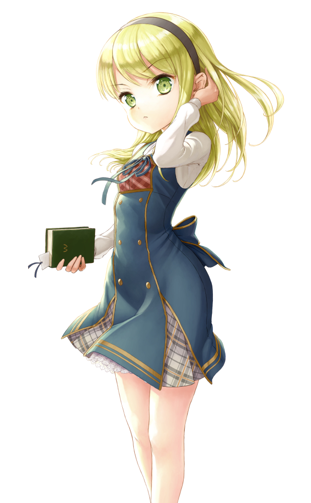 1girl, black_hairband, blonde_hair, blue_dress, blue_ribbon, book, bookmark, dress, frown, green_eyes, hairband, hand_in_hair, hand_up, holding, holding_book, ikkilo, long_sleeves, original, plaid, plaid_skirt, ribbon, shirt, skirt, sleeveless, sleeveless_dress, solo, standing, white_shirt