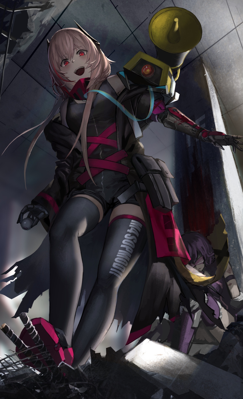 2girls, absurdres, armband, assault_rifle, building, coat, commentary_request, concrete