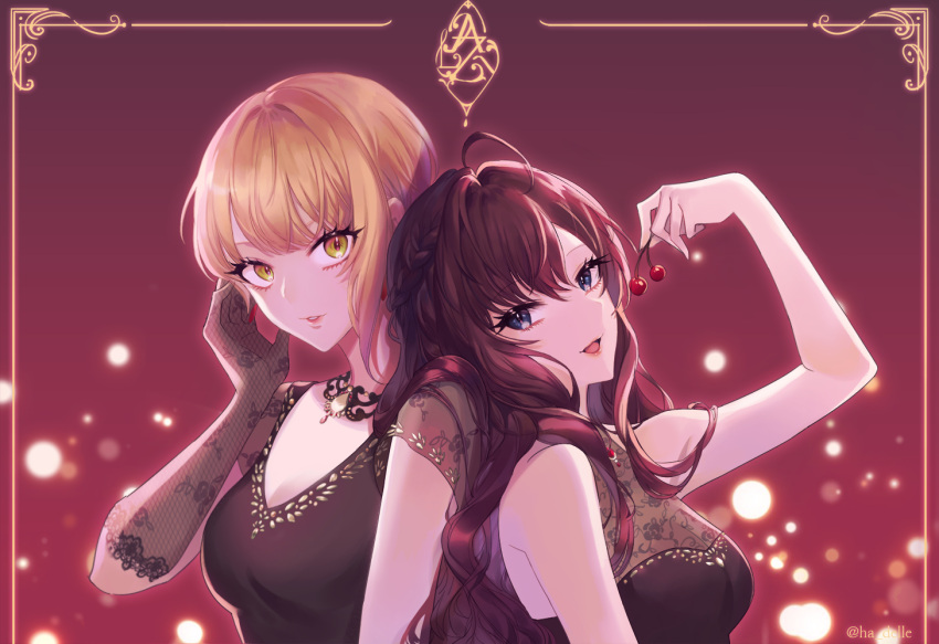 2girls, :d, ahoge, black_dress, blonde_hair, blue_eyes, blurry, blurry_background