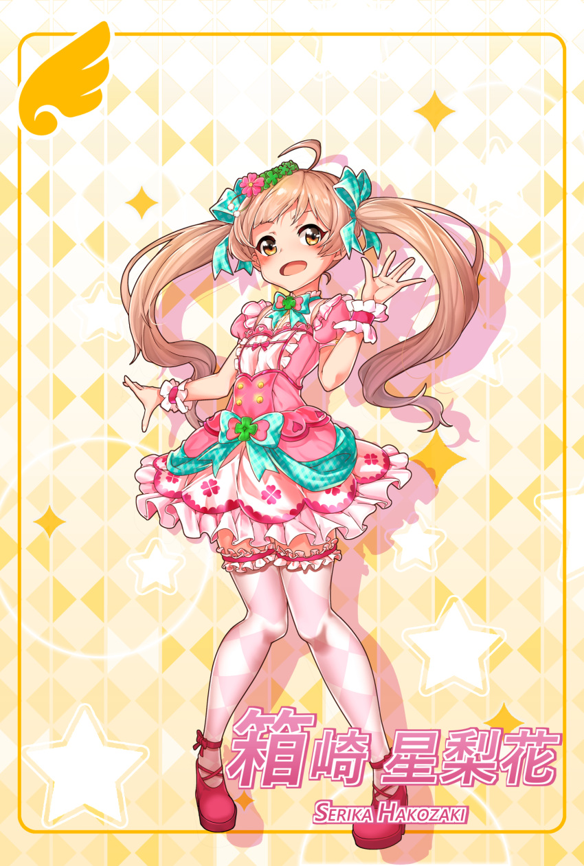 1girl, ahoge, aqua_bow, bow, brown_hair, character_name, checkered, checkered_background