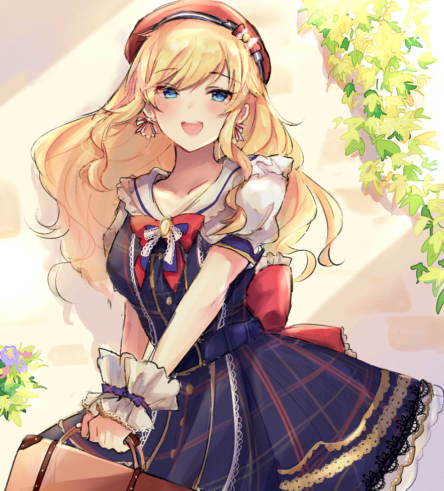 1girl, asagimu_(tsuktsuk), blonde_hair, blue_dress, blue_eyes, blush, bow, breasts