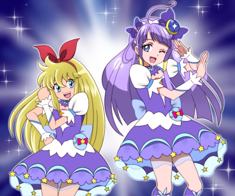 2girls, :d, ;d, ahoge, back_bow, bangs, blonde_hair, blue_background