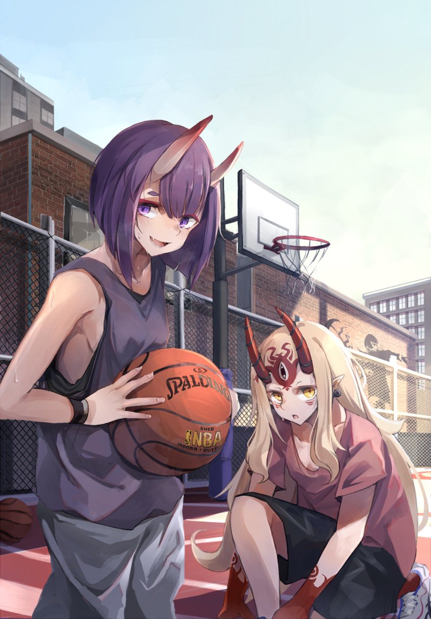 adjusting_clothes, adjusting_legwear, alternate_costume, ball, bangs, basketball, basketball_hoop, basketball_uniform, blonde_hair, blush, breasts, clothes_writing, commentary_request, day, earrings, eyebrows_visible_through_hair, fang_out, fate/grand_order, fate_(series), hair_between_eyes, highres, holding, holding_ball, horns, ibaraki_douji_(fate/grand_order), jewelry, long_hair, looking_at_viewer, loose_clothes, loose_shirt, miyabino_(miyabi1616), multiple_girls, national_basketball_association, oni, oni_horns, open_mouth, outdoors, pointy_ears, purple_hair, shirt, shoes, short_hair, shorts, shuten_douji_(onmyoji), sideboob, small_breasts, smile, sneakers, sportswear, standing, sweat, violet_eyes, wristband, yellow_eyes