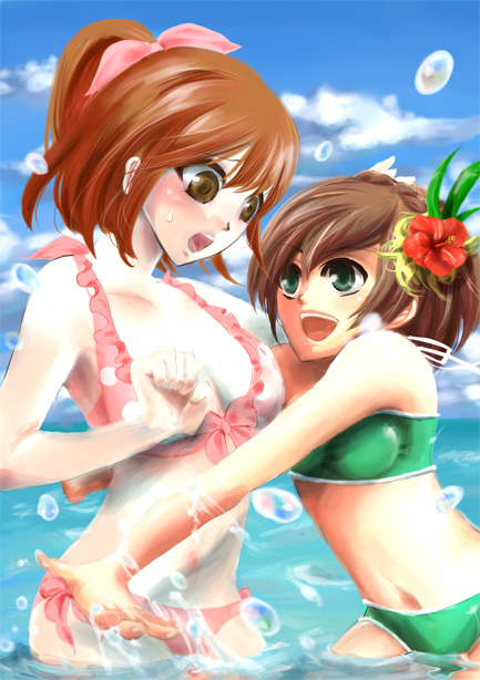 bad_id, bikini, breasts, brown_eyes, brown_hair, cleavage, flower, green_eyes