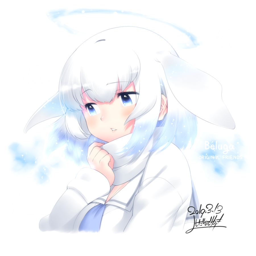 1girl, beluga_whale_(kemono_friends)_(stylecase), blue_eyes, blue_hair, blue_neckwear, borrowed_character, commentary_request, dated, eyebrows_visible_through_hair, gradient_hair, head_fins, kemono_friends, looking_away, medium_hair, multicolored_hair, original, original_fan_character, parted_lips, sailor_collar, scarf, signature, solo, white_hair, white_scarf, yoshida_hideyuki